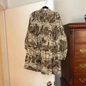 Ganni Brown Patterned Long Sleeve Dress